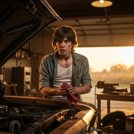 70s boy fixing car