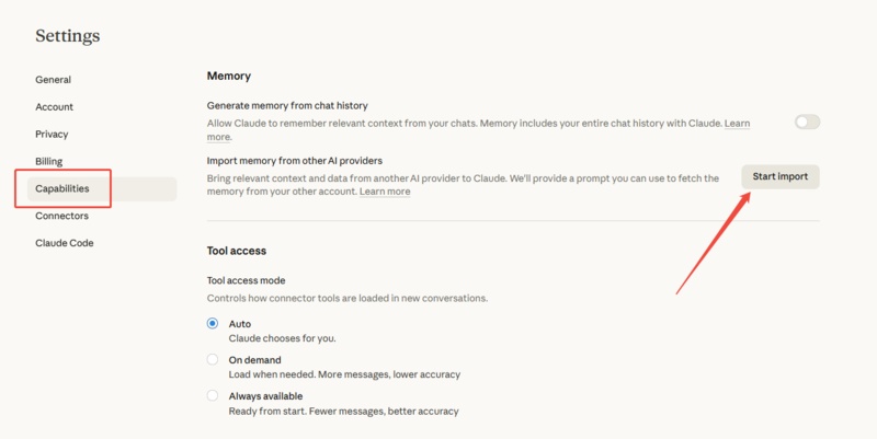 access to claude import tool