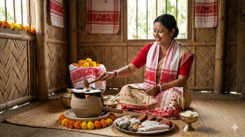 assamese woman making pitha