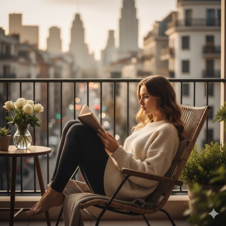balcony girl reading with roses