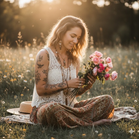 bohemian girl arranging wild roses
