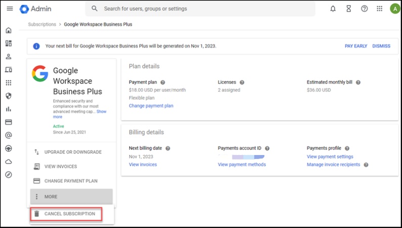 cancel Subscription from a google workspace account
