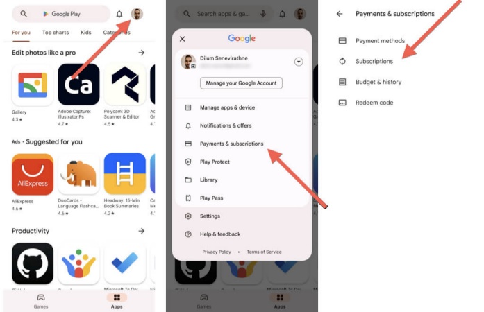 cancel subscription via google play