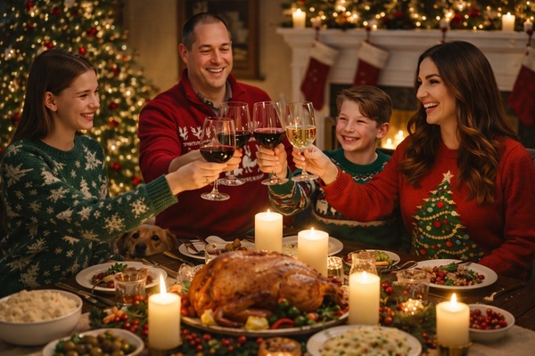 christmas family photo enjoying christmas eve dinner