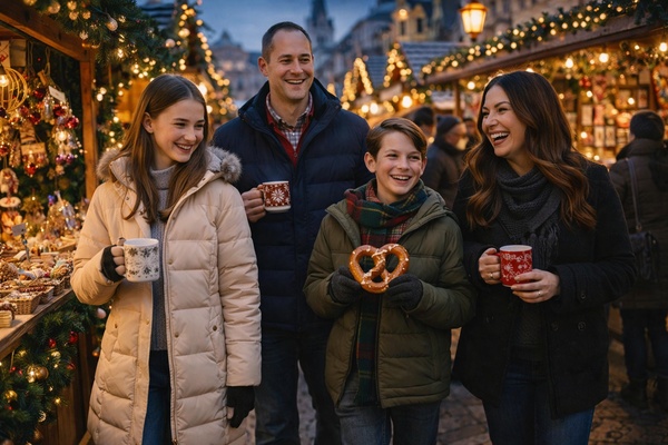 christmas family photo at a bustling market stroll