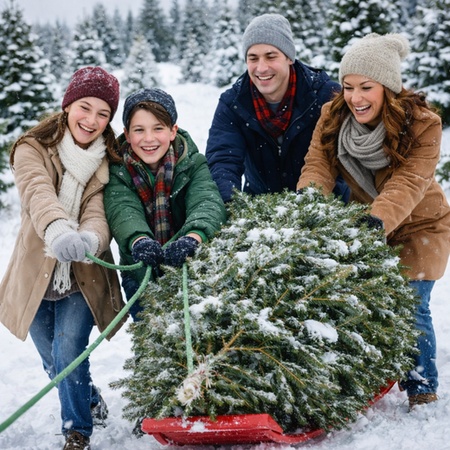 christmas family photo at the tree farm