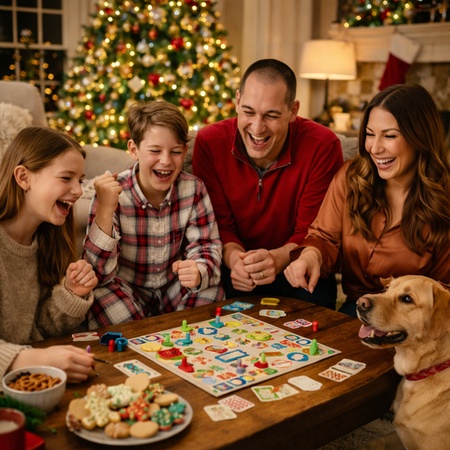 christmas family photo playing a cozy game night