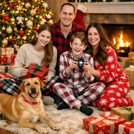 cozy christmas family photo in pajamas