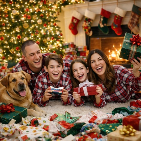 christmas family photo laughing on the rug