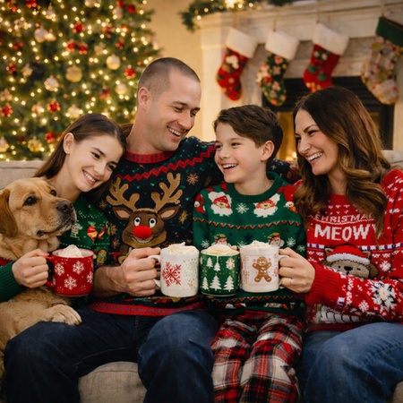 christmas family photo in ugly sweaters with hot cocoa