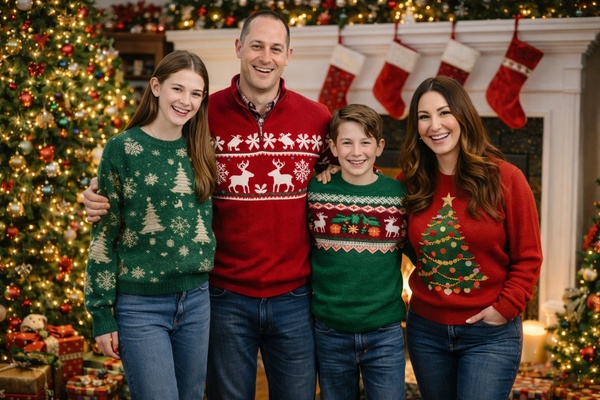 christmas family photo by the fireside
