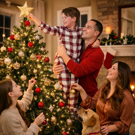 christmas family photo decorating the tree