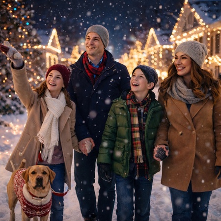 christmas family photo on a magical light stroll