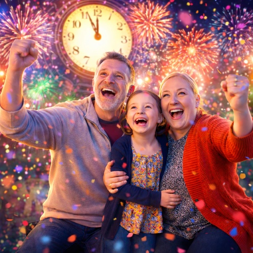 midnight new year family celebration