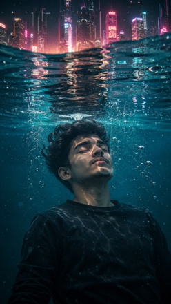 chatgpt underwater wallpaper prompt boy neon city reflection