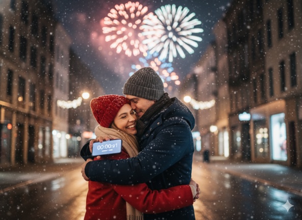 Couple hugging in snow