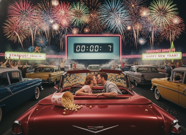 Couple kissing at drive-in theater midnight