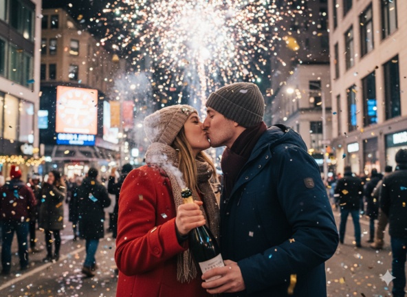 Couple kissing at midnight