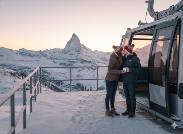 Couple kissing at Swiss Alps sunrise New Year