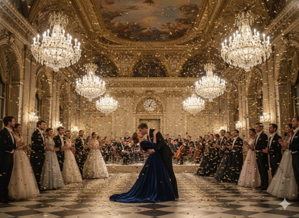 Couple kissing during Vienna New Year waltz