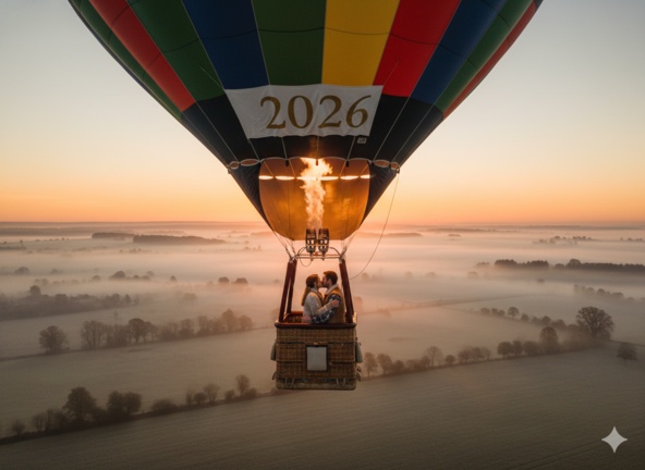 Couple kissing in hot air balloon New Year sunrise