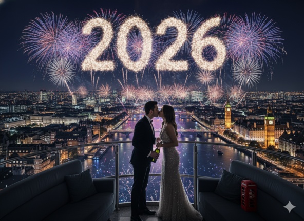 Couple kissing in London Eye at midnight