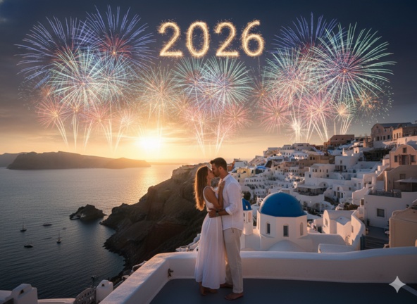 Couple kissing in Santorini at New Year midnight