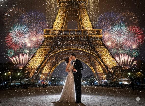 Couple kissing under sparkling Eiffel