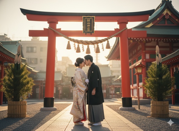 Couple's first shrine visit kiss 2026 sunrise