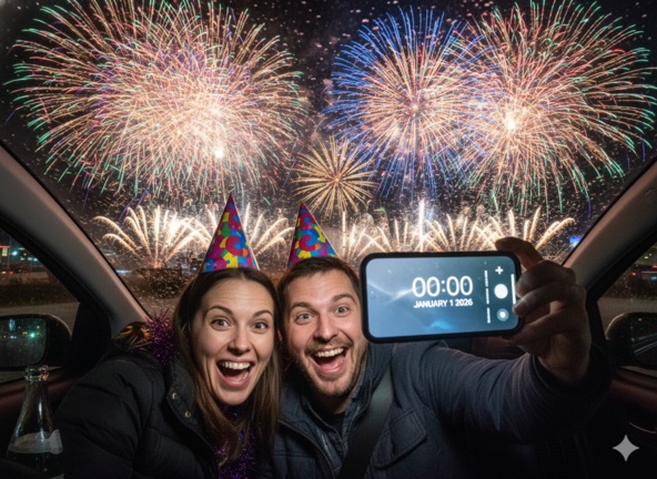 Couple taking midnight selfie