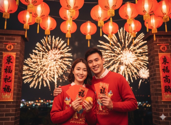 Couple under red lanterns