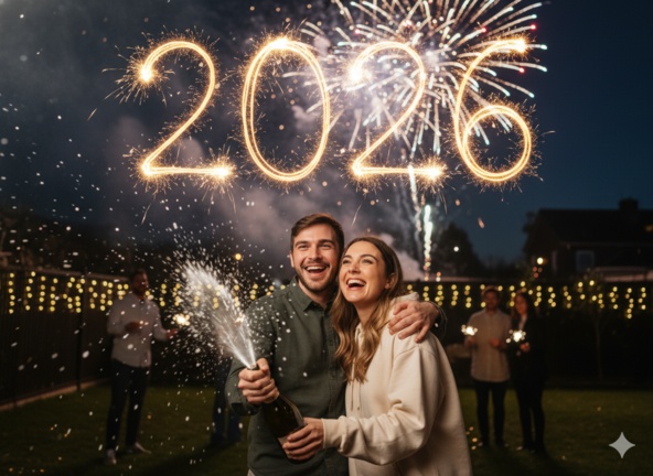 Couple watching backyard fireworks