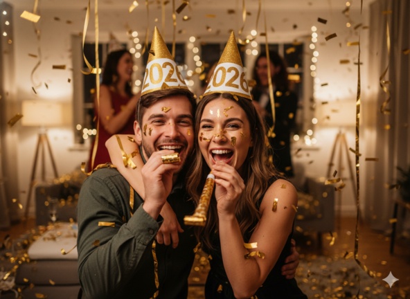 Couple with party hats