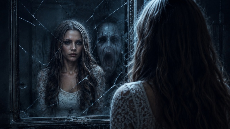 Cracked Mirror Horror Prompt for girl