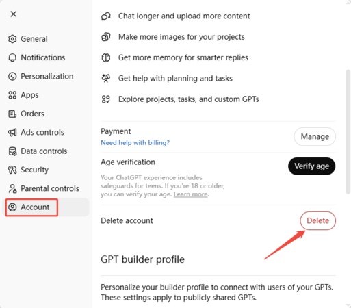 delete chatgpt account