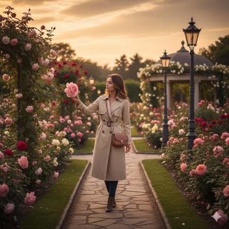 dusk garden girl with roses