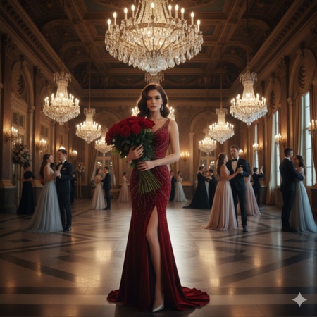 elegant girl with rose bouquet