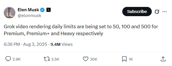 elon musk public post about grok video limit