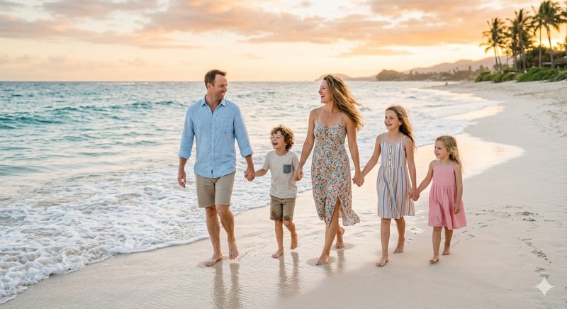 Family Walking Along the Shore Photo