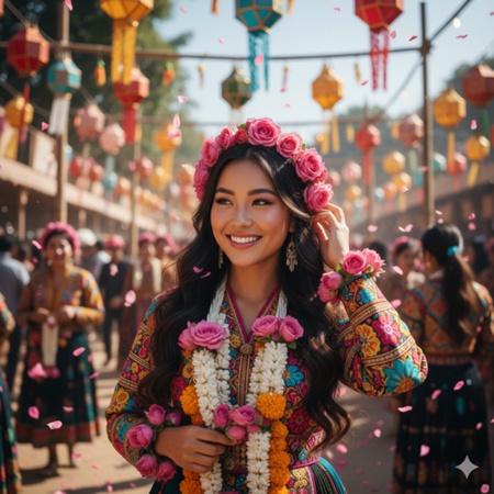 festival girl in dress with roses