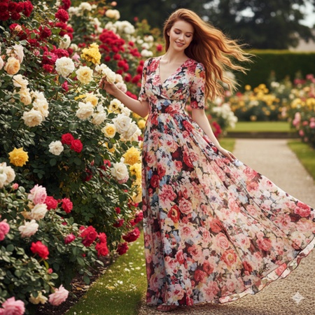 floral dress girl in rose garden