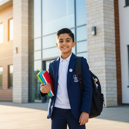 islamic boy going to school with backpack