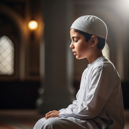 islamic boy reciting quran with calm expression