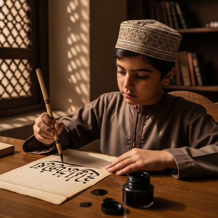islamic boy practicing arabic calligraphy