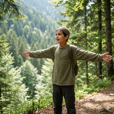 islamic boy exploring nature in modest clothing