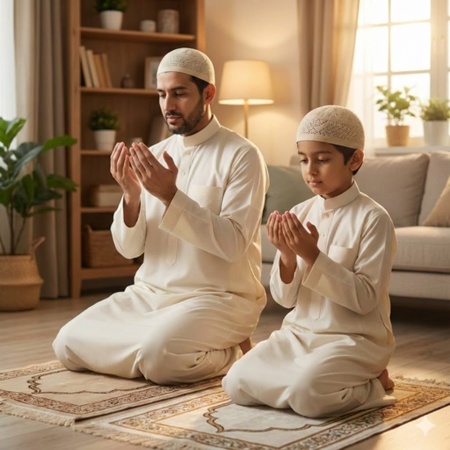 islamic boy praying together with family at home