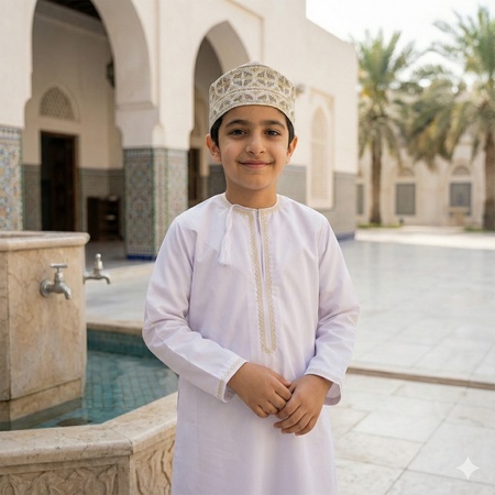 islamic boy standing happily before prayer time