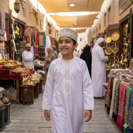 islamic boy walking through a traditional islamic market