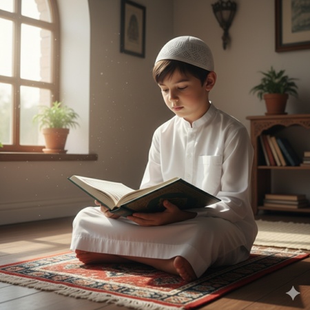 islamic boy reading the holy quran calmly