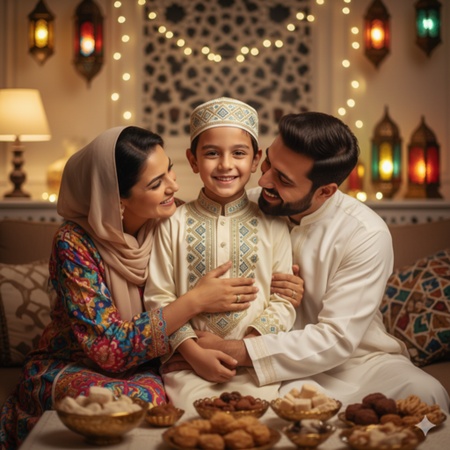 happy islamic boy celebrating eid in traditional clothes